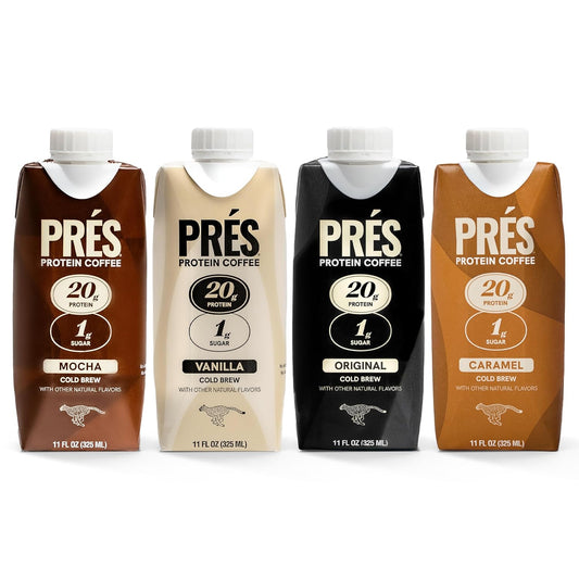 PRES Protein Coffee, Variety, High Protein, Real Cold Brew, 20G Protein, 1G Sugar, 100 Calories, Protein Snacks, No Added Sugar, Coffee, Breakfast, Protein, Kosher, Soy Free, Nut Free, Non-Gmo, Low Carb (4 Pack)